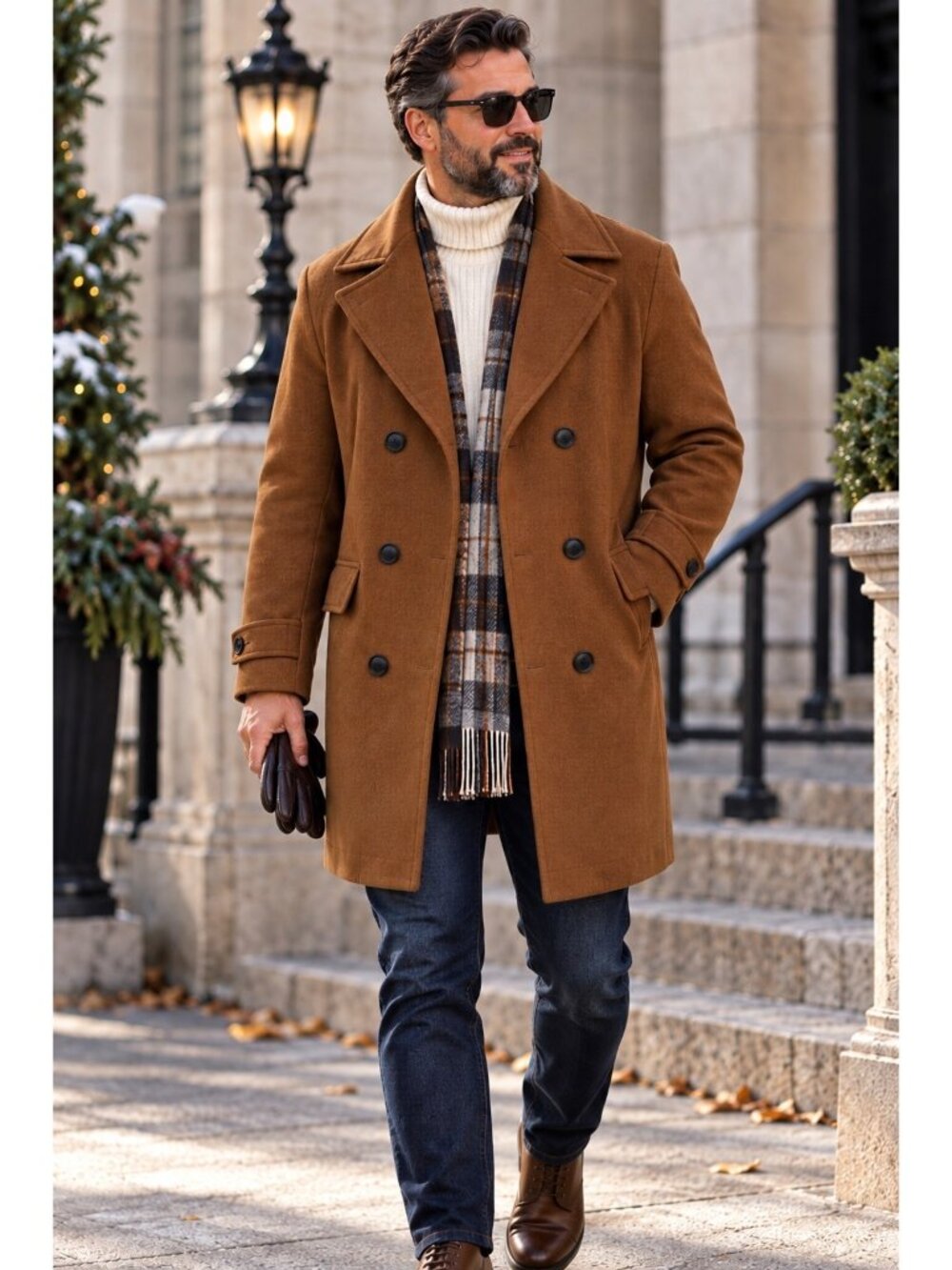 HXW.GJQ Men’s XXL Wool Blend Double Breasted Long Coat Camel EUC